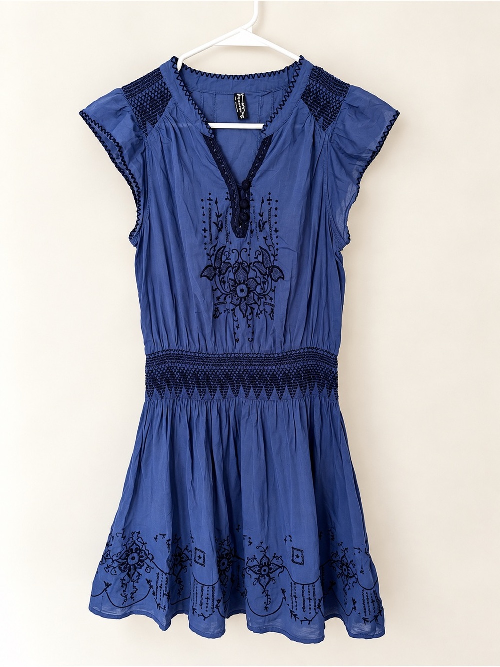 Free People Blue Embroidered Smocked Waist Boho Dress Size M